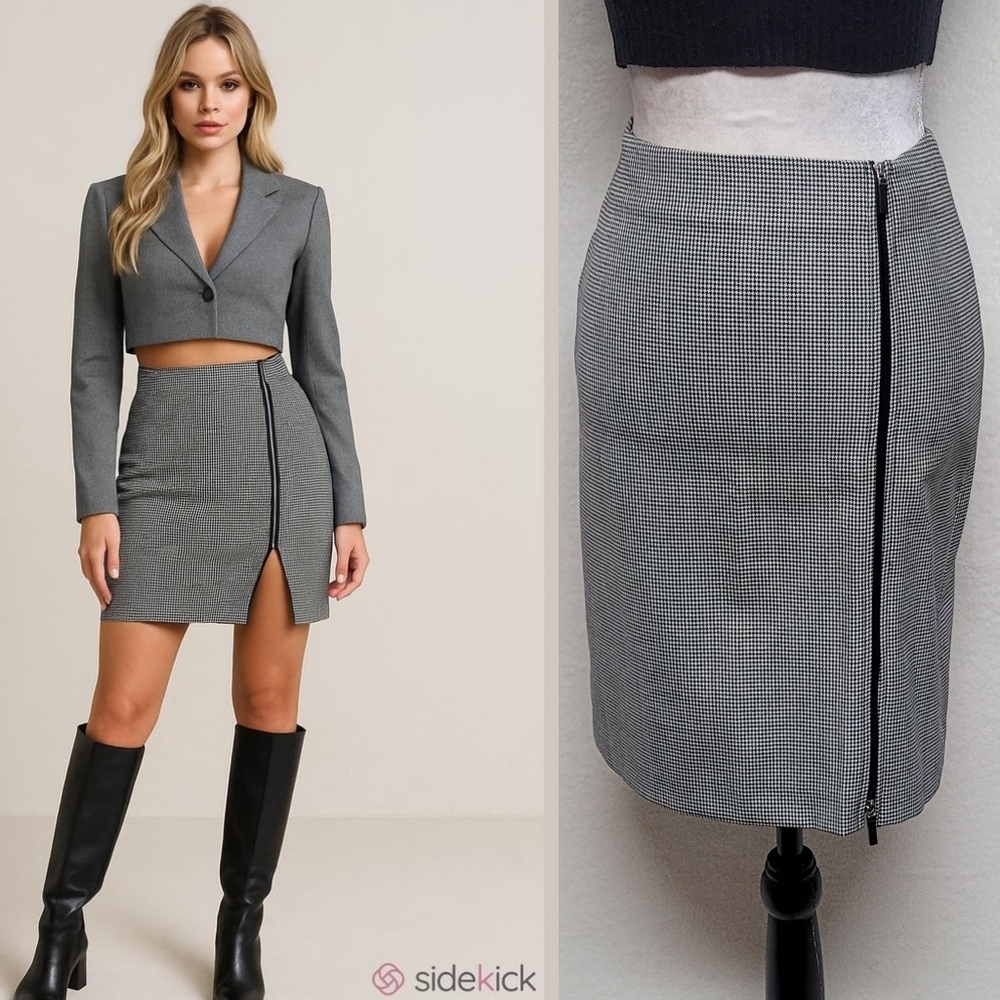 Ralph Lauren Vintage 90s Black Gray Houndstooth Full-zip High Waisted Mini Skirt